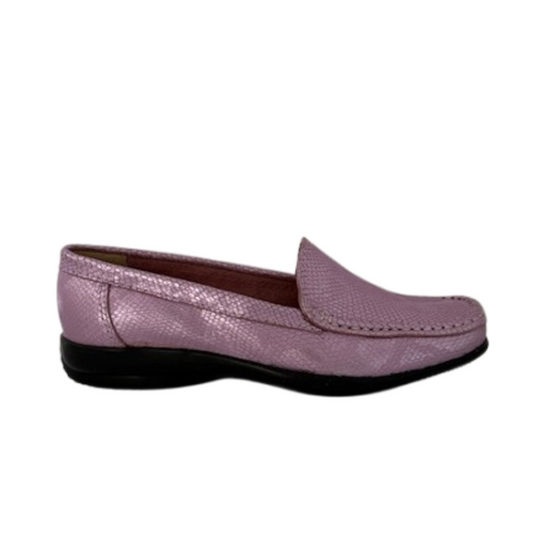 Pink metallic leather moccasin shoe with cushioned sole and stitched detailing