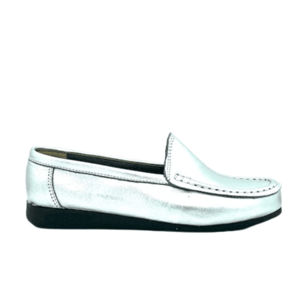 Silver metallic leather moccasin with cushioned sole for comfort and versatile style.
