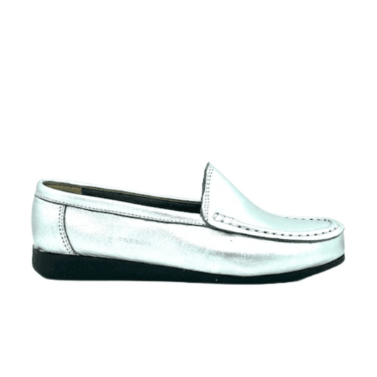 Silver metallic leather moccasin with cushioned sole for comfort and versatile style.